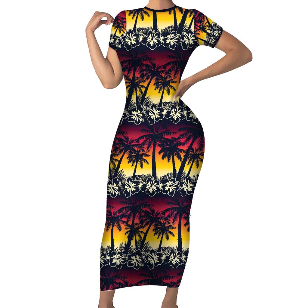 Hawaii Hibiscus Palm Tree Sunset Short Sleeve Bodycon Dress Tropical Style - Wonder Print Shop