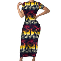 Hawaii Hibiscus Palm Tree Sunset Short Sleeve Bodycon Dress Tropical Style - Wonder Print Shop
