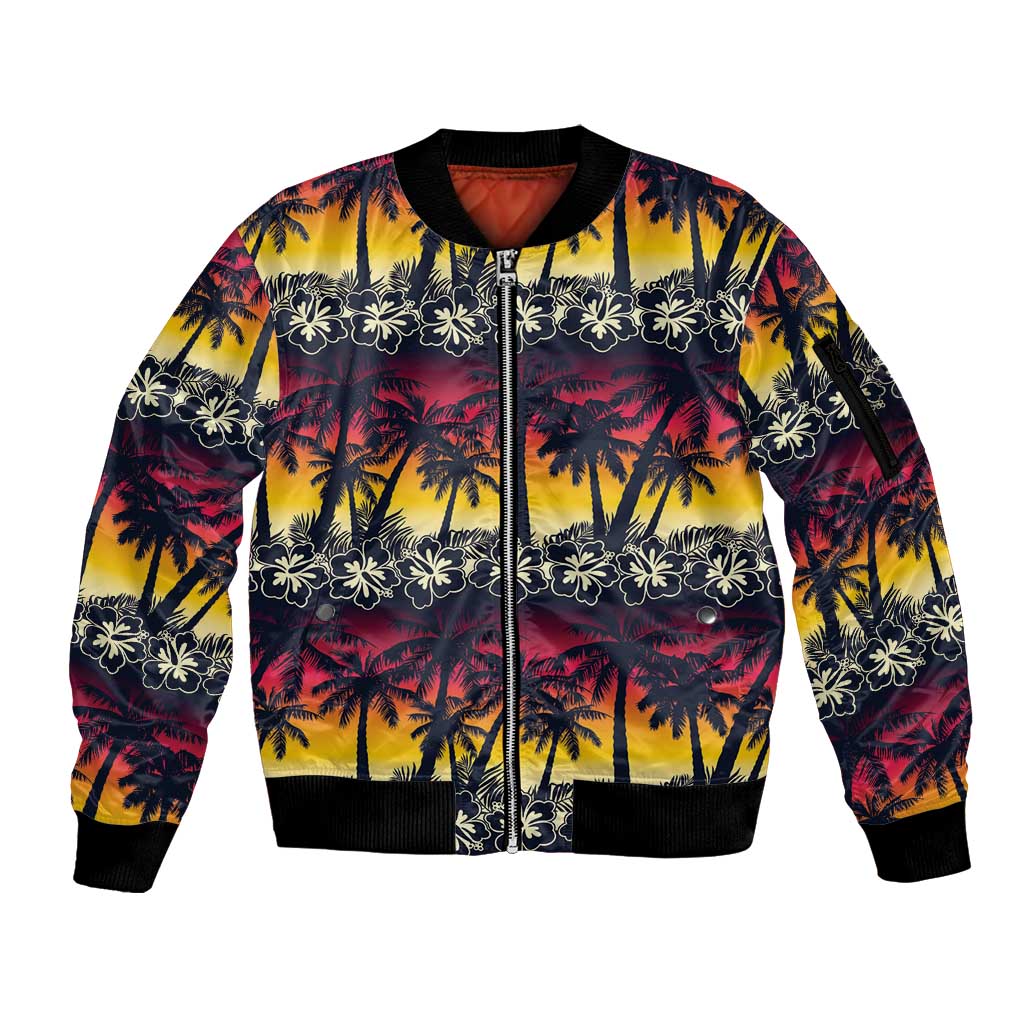 Hawaii Hibiscus Palm Tree Sunset Sleeve Zip Bomber Jacket Tropical Style - Wonder Print Shop