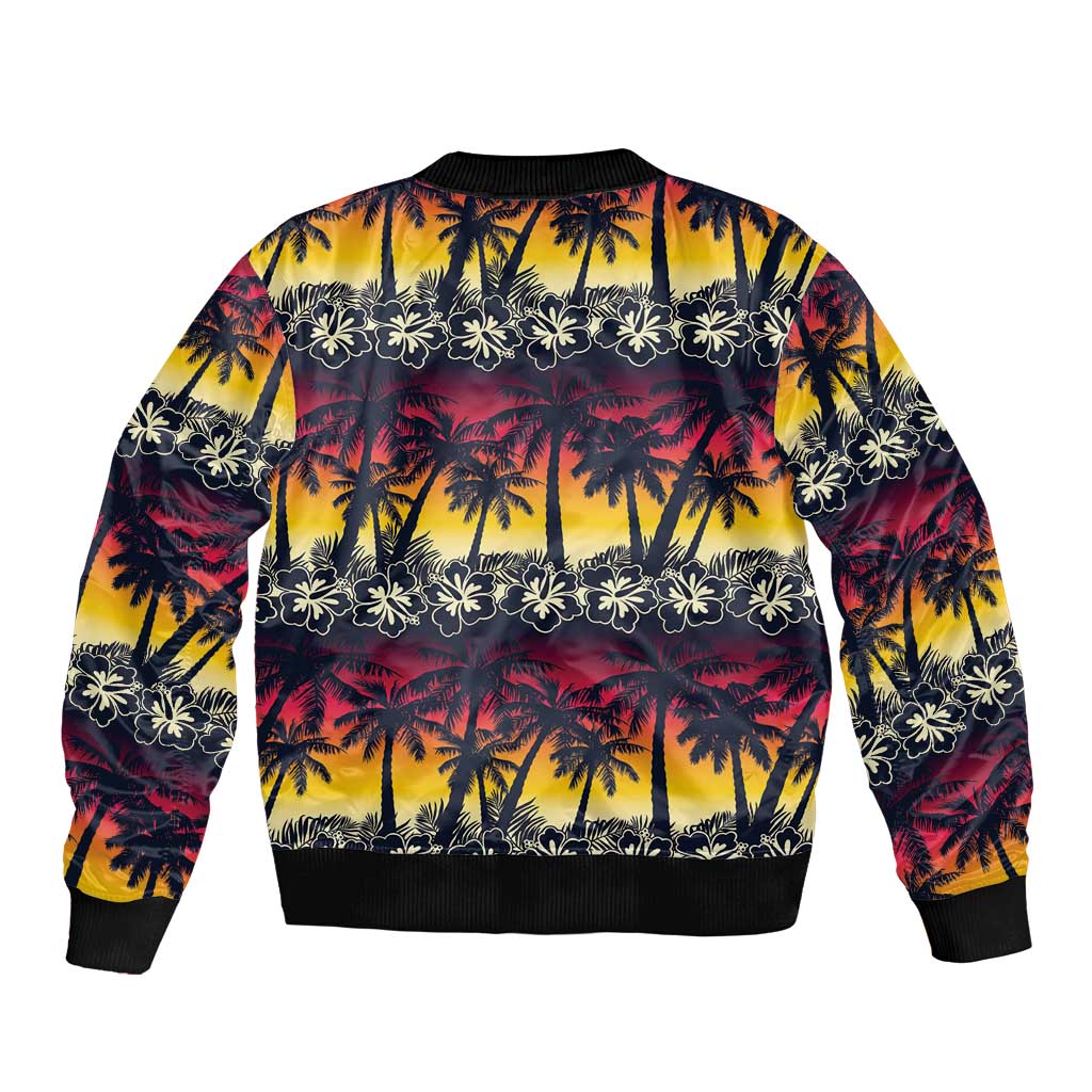 Hawaii Hibiscus Palm Tree Sunset Sleeve Zip Bomber Jacket Tropical Style - Wonder Print Shop