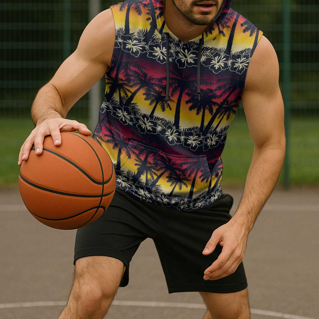 Hawaii Hibiscus Palm Tree Sunset Sleeveless Hoodie Tropical Style - Wonder Print Shop