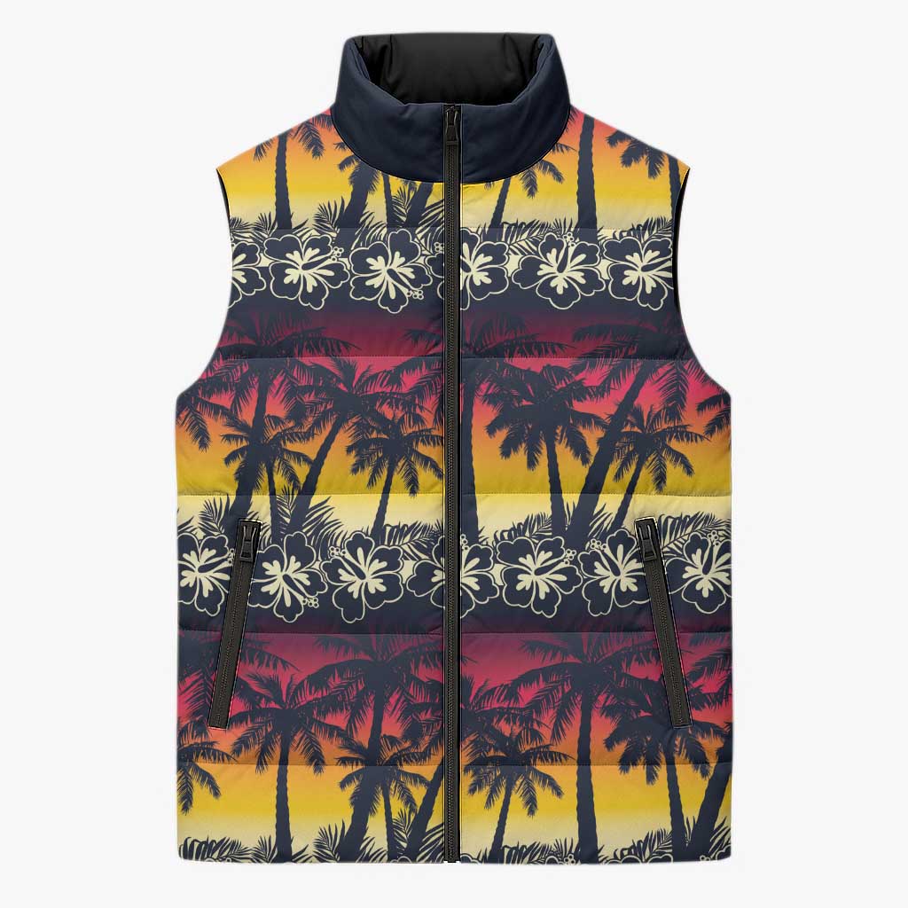 Hawaii Hibiscus Palm Tree Sunset Sleeveless Puffer Jacket Tropical Style - Wonder Print Shop
