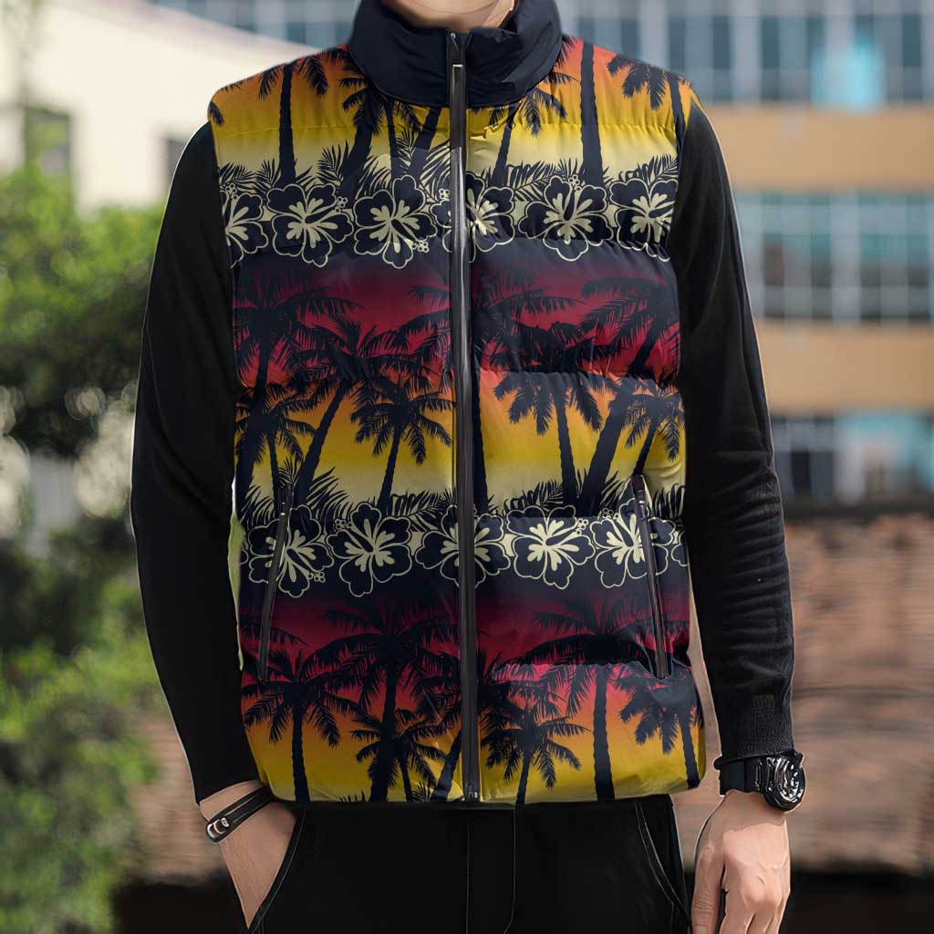 Hawaii Hibiscus Palm Tree Sunset Sleeveless Puffer Jacket Tropical Style - Wonder Print Shop