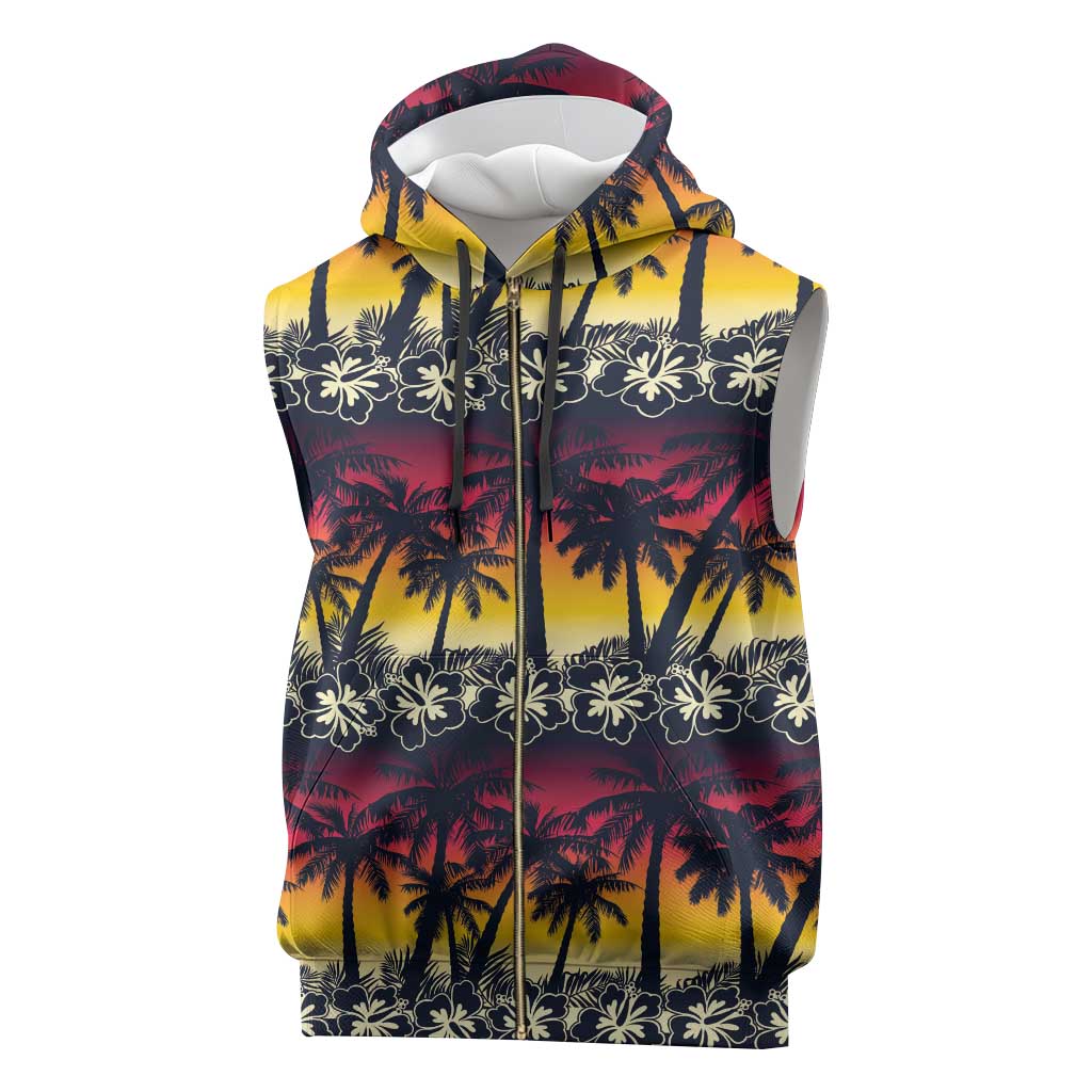 Hawaii Hibiscus Palm Tree Sunset Sleeveless Zip Hoodie Tropical Style - Wonder Print Shop