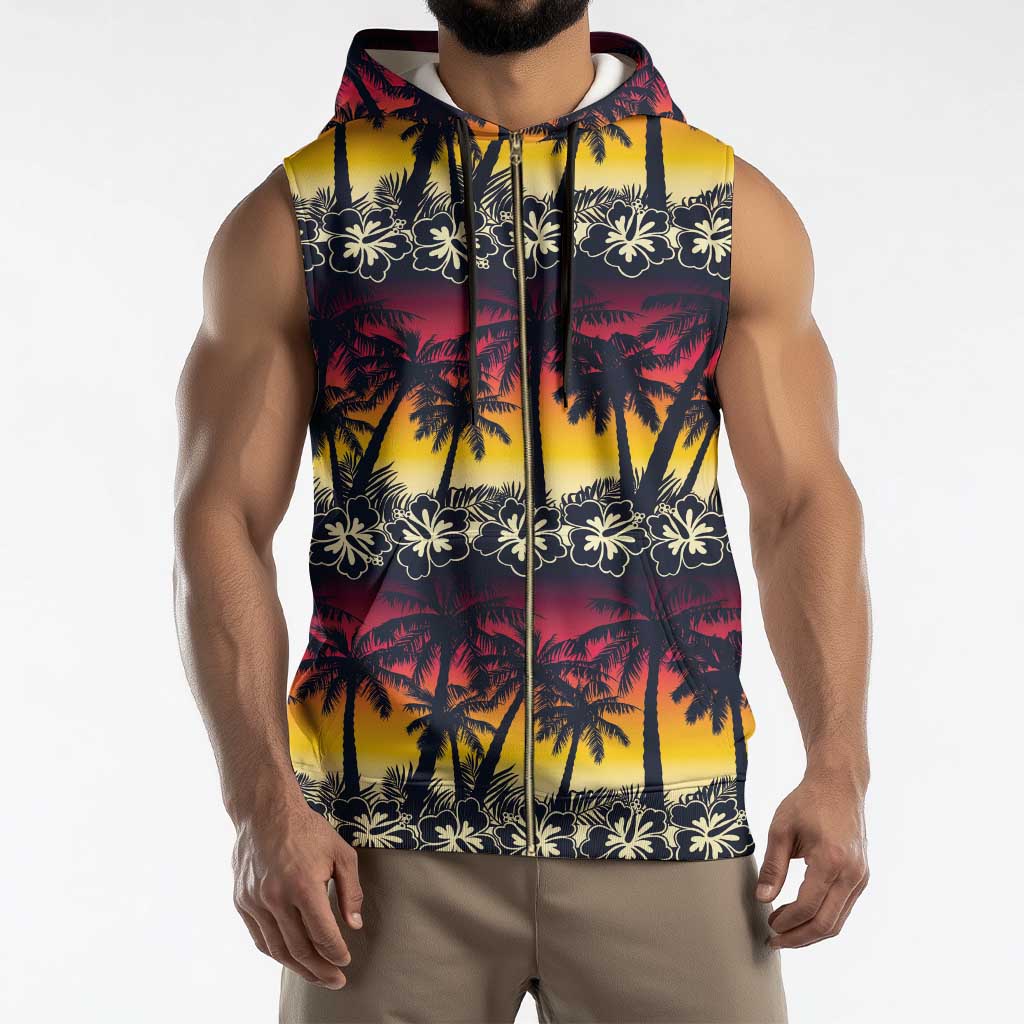 Hawaii Hibiscus Palm Tree Sunset Sleeveless Zip Hoodie Tropical Style - Wonder Print Shop