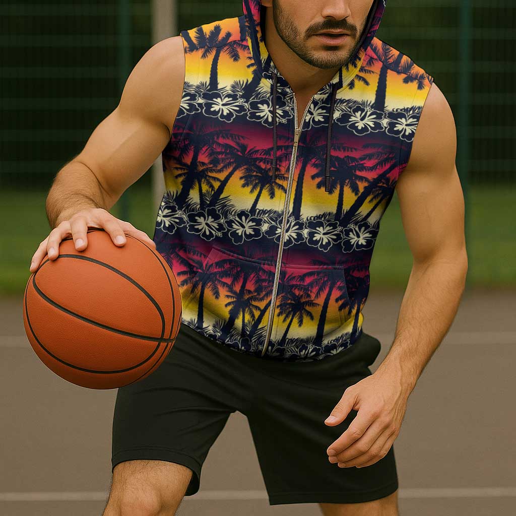 Hawaii Hibiscus Palm Tree Sunset Sleeveless Zip Hoodie Tropical Style - Wonder Print Shop