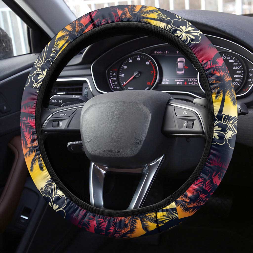 Hawaii Hibiscus Palm Tree Sunset Steering Wheel Cover Tropical Style - Wonder Print Shop