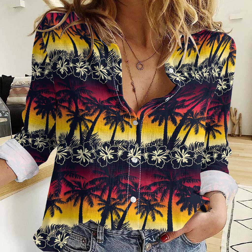Hawaii Hibiscus Palm Tree Sunset Women Casual Shirt Tropical Style - Wonder Print Shop