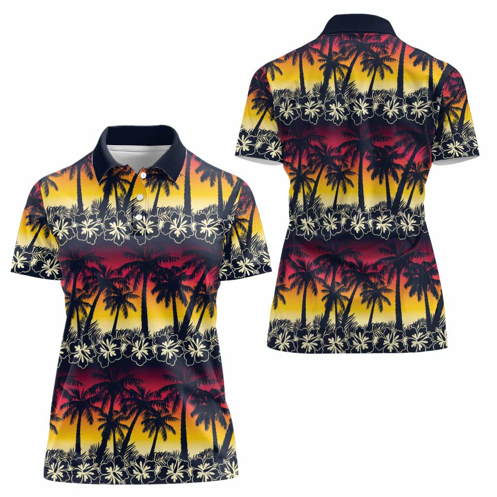 Hawaii Hibiscus Palm Tree Sunset Women Polo Shirt Tropical Style - Wonder Print Shop