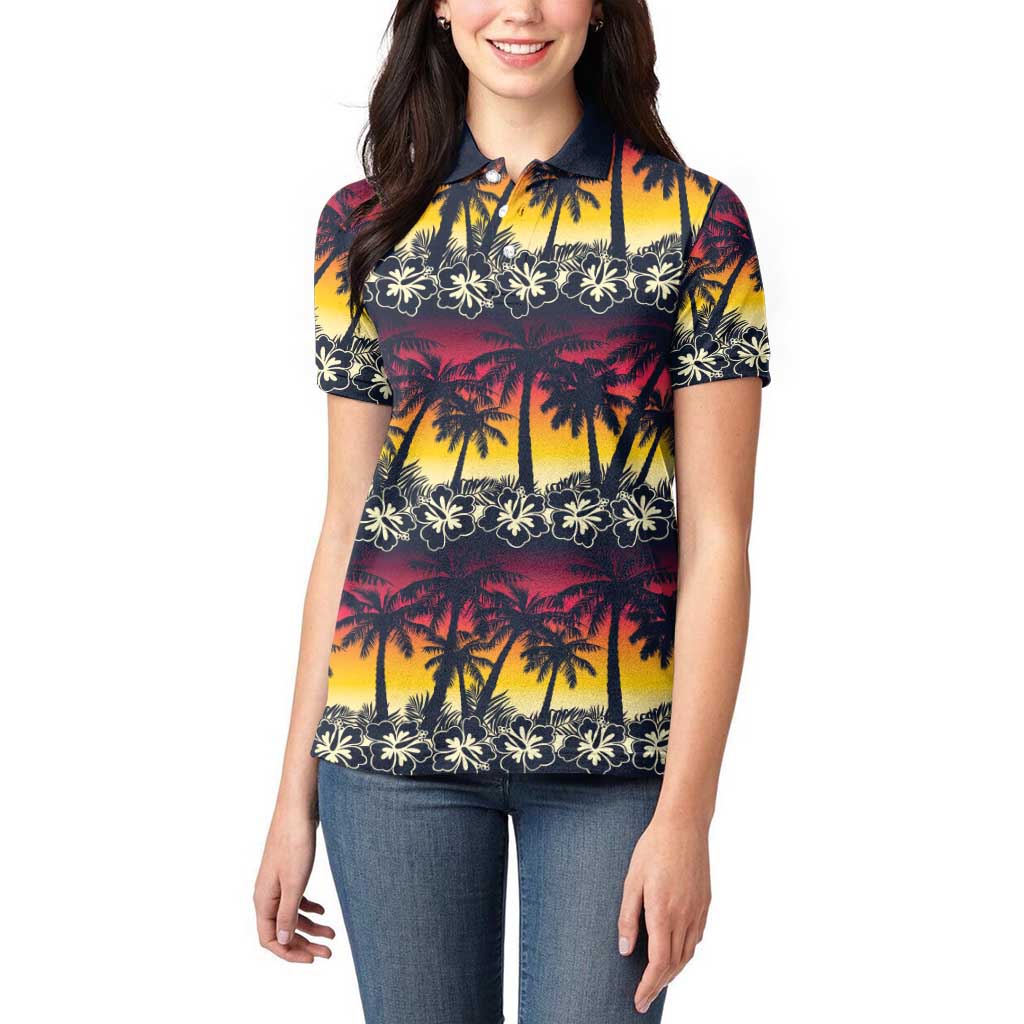 Hawaii Hibiscus Palm Tree Sunset Women Polo Shirt Tropical Style - Wonder Print Shop