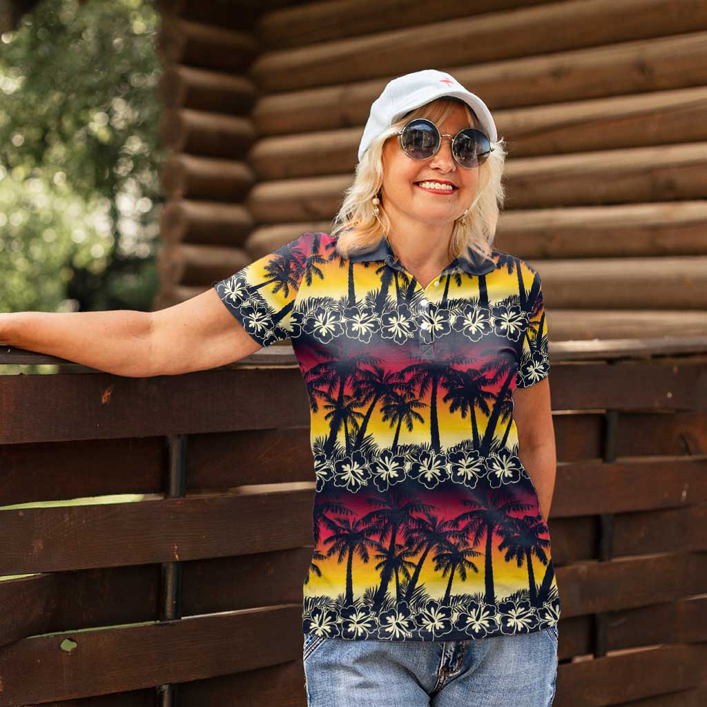 Hawaii Hibiscus Palm Tree Sunset Women Polo Shirt Tropical Style - Wonder Print Shop