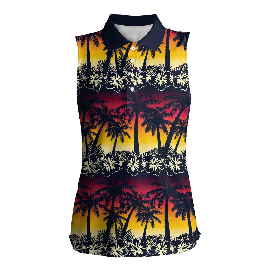 Hawaii Hibiscus Palm Tree Sunset Women Sleeveless Polo Shirt Tropical Style - Wonder Print Shop
