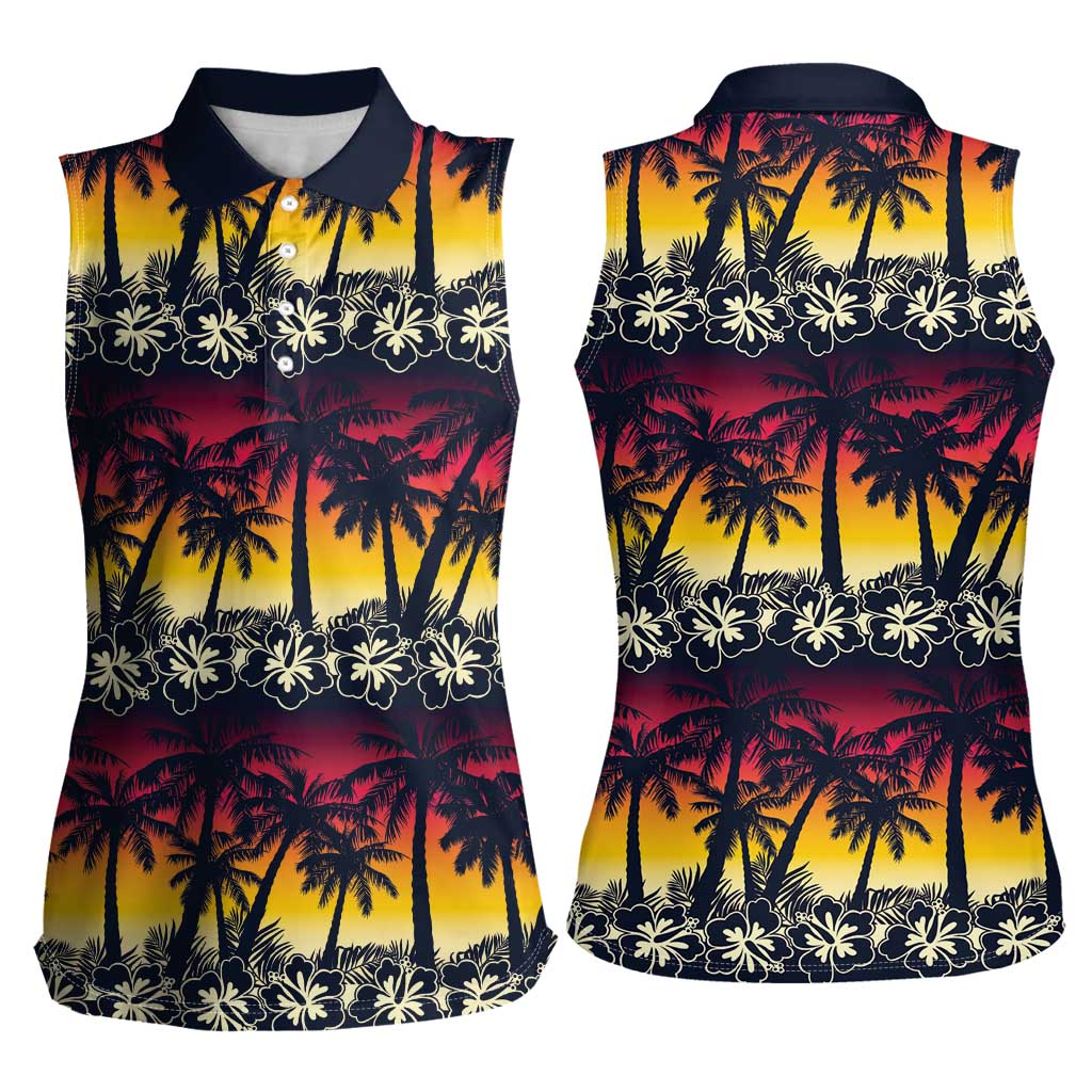 Hawaii Hibiscus Palm Tree Sunset Women Sleeveless Polo Shirt Tropical Style - Wonder Print Shop