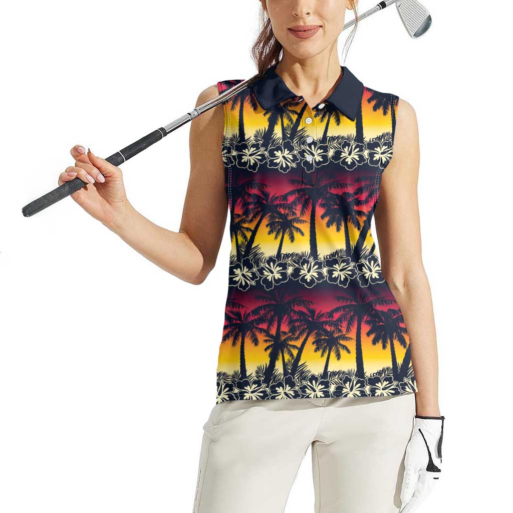Hawaii Hibiscus Palm Tree Sunset Women Sleeveless Polo Shirt Tropical Style - Wonder Print Shop