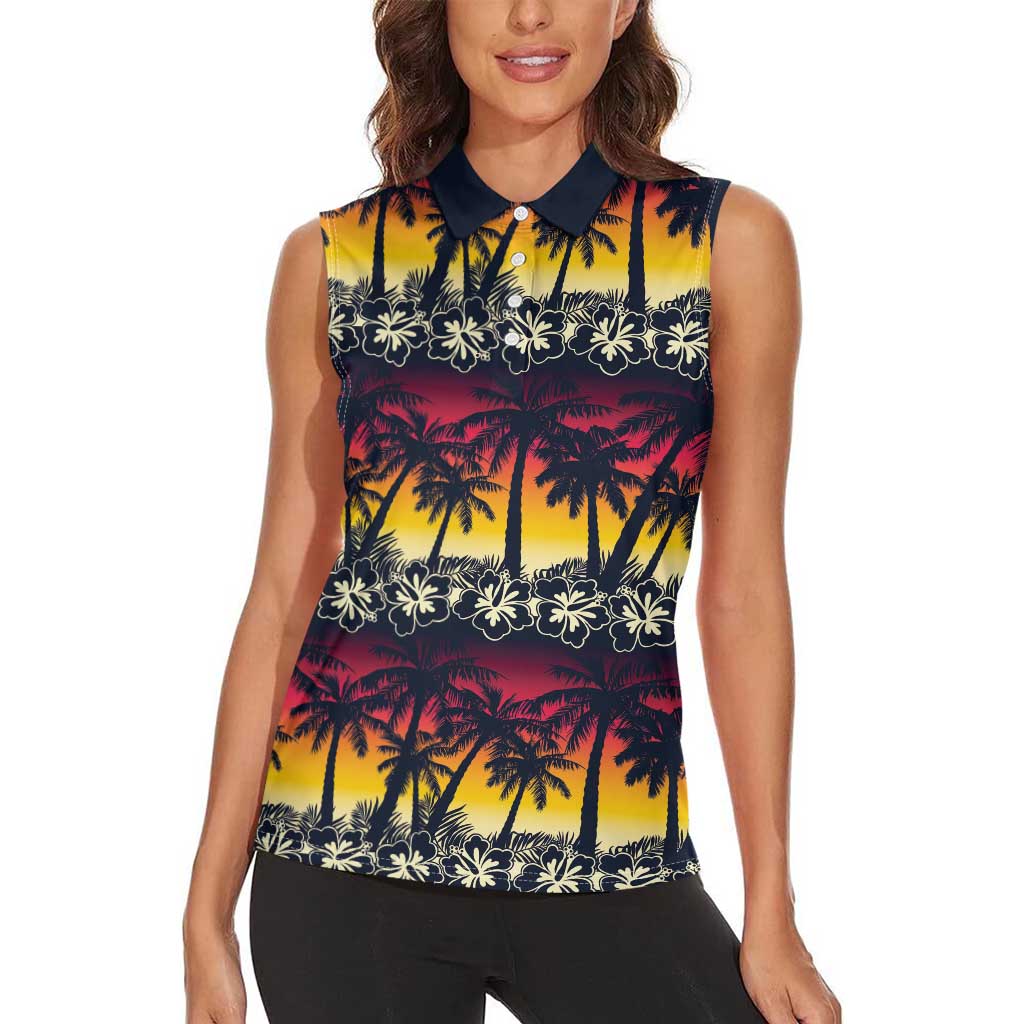 Hawaii Hibiscus Palm Tree Sunset Women Sleeveless Polo Shirt Tropical Style - Wonder Print Shop