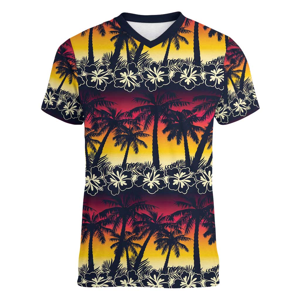 Hawaii Hibiscus Palm Tree Sunset Women V-Neck T-Shirt Tropical Style - Wonder Print Shop