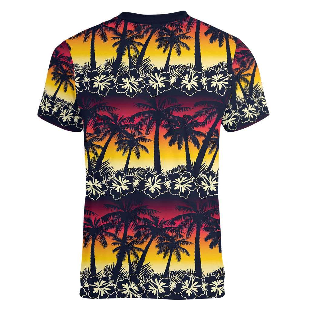 Hawaii Hibiscus Palm Tree Sunset Women V-Neck T-Shirt Tropical Style - Wonder Print Shop