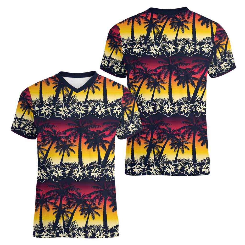 Hawaii Hibiscus Palm Tree Sunset Women V-Neck T-Shirt Tropical Style - Wonder Print Shop