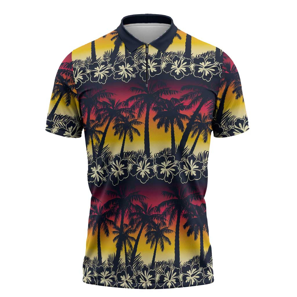 Hawaii Hibiscus Palm Tree Sunset Zipper Polo Shirt Tropical Style - Wonder Print Shop