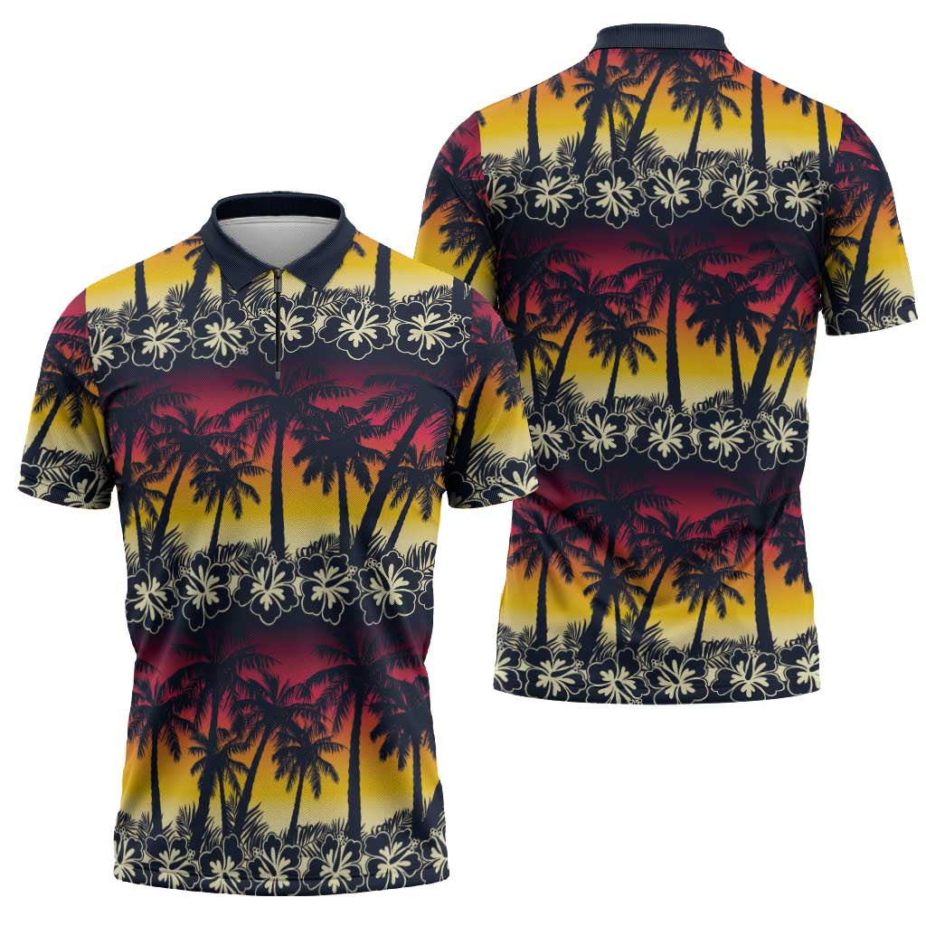 Hawaii Hibiscus Palm Tree Sunset Zipper Polo Shirt Tropical Style - Wonder Print Shop