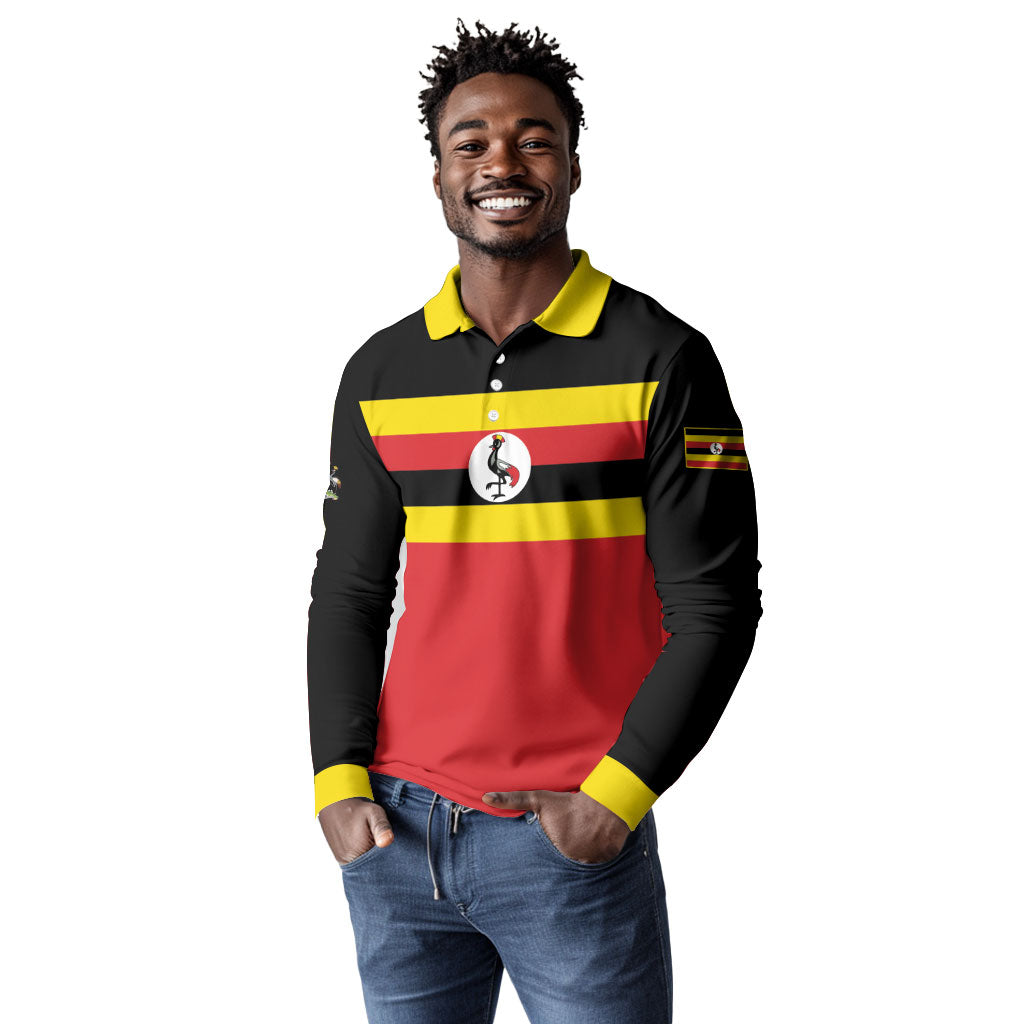 Uganda Flag Stylized Long Sleeve Polo Shirt Jamhuri ya Uganda