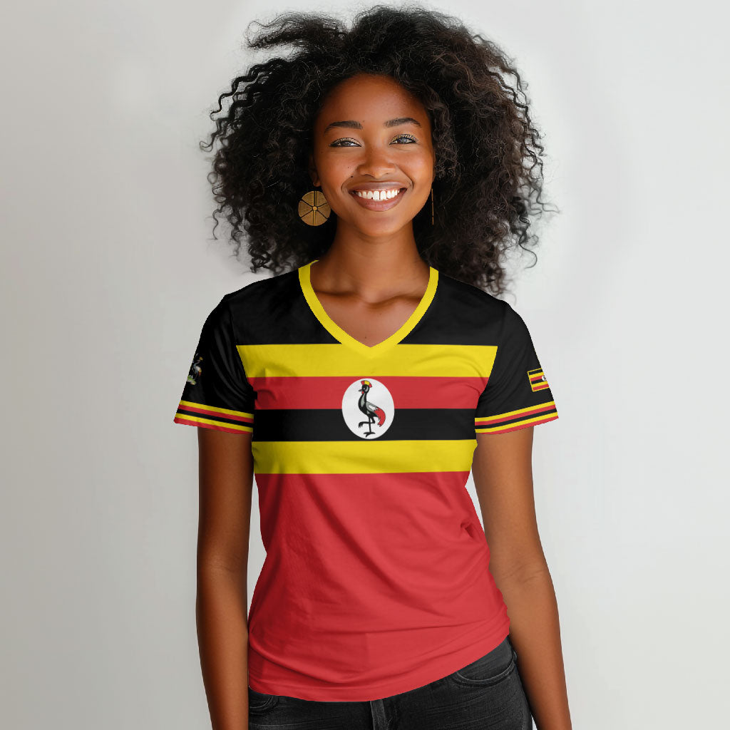 Uganda Flag Stylized Women V-Neck T-Shirt Jamhuri ya Uganda