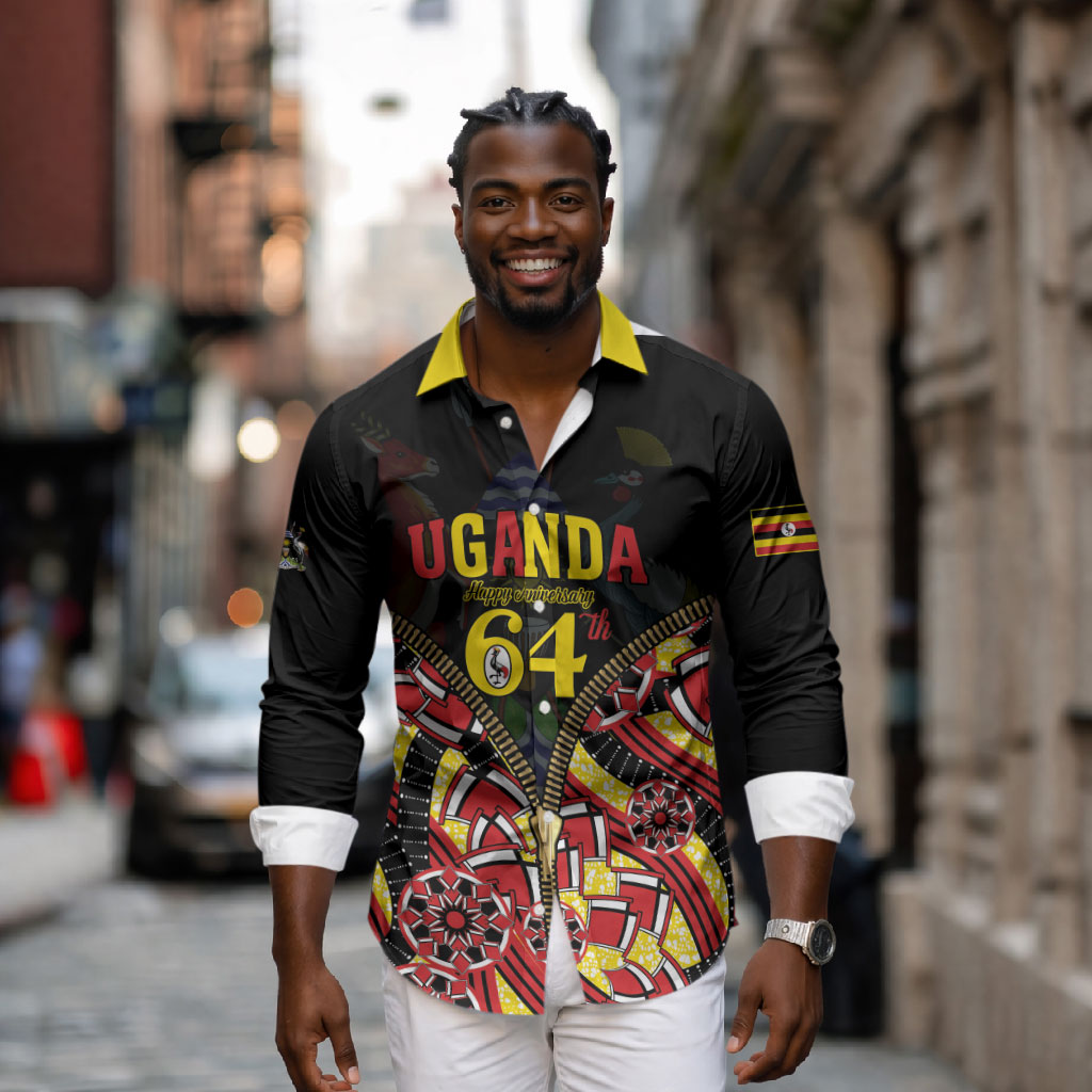 Personalised Uganda 64th Anniversary Long Sleeve Button Shirt Happy Independence Day