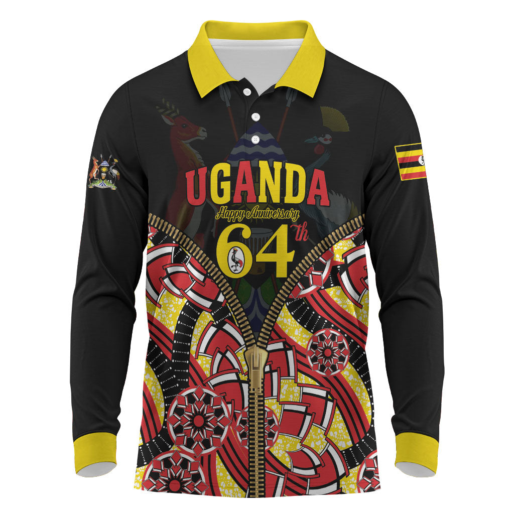 Personalised Uganda 64th Anniversary Long Sleeve Polo Shirt Happy Independence Day