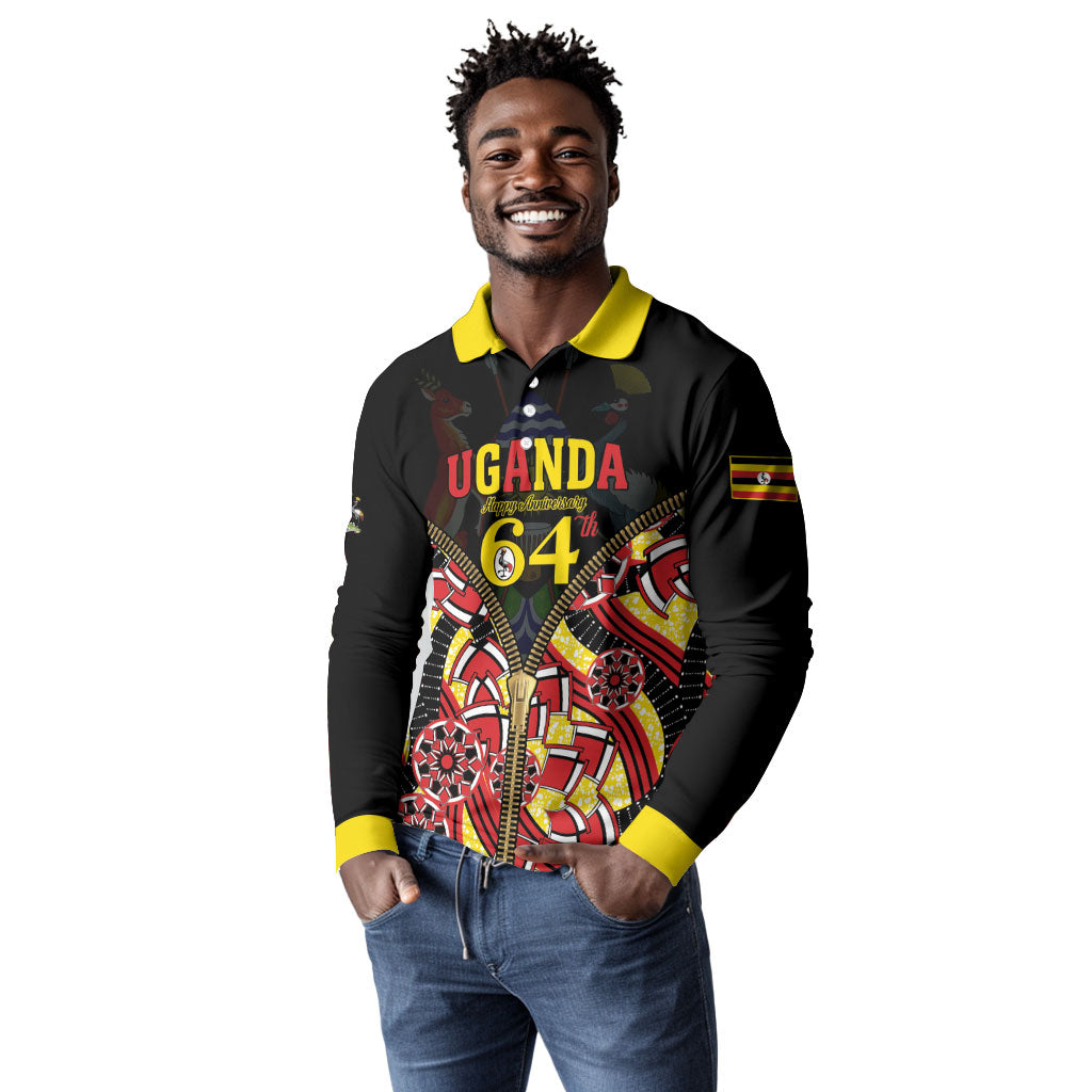Personalised Uganda 64th Anniversary Long Sleeve Polo Shirt Happy Independence Day