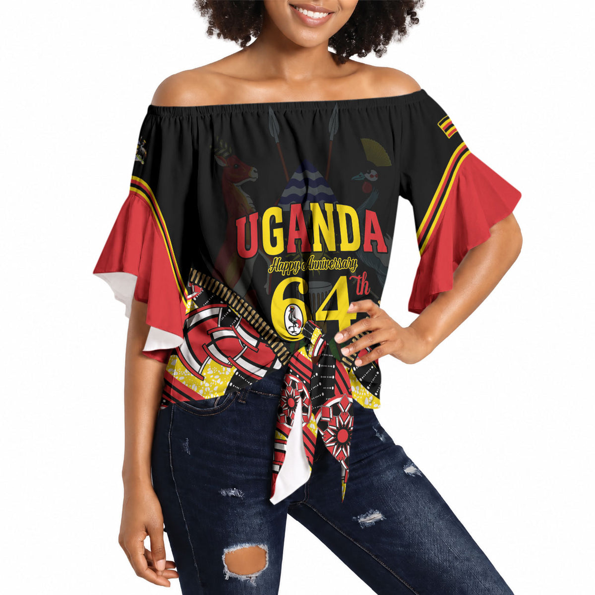 Personalised Uganda 64th Anniversary Off Shoulder Wrap Waist Top Happy Independence Day