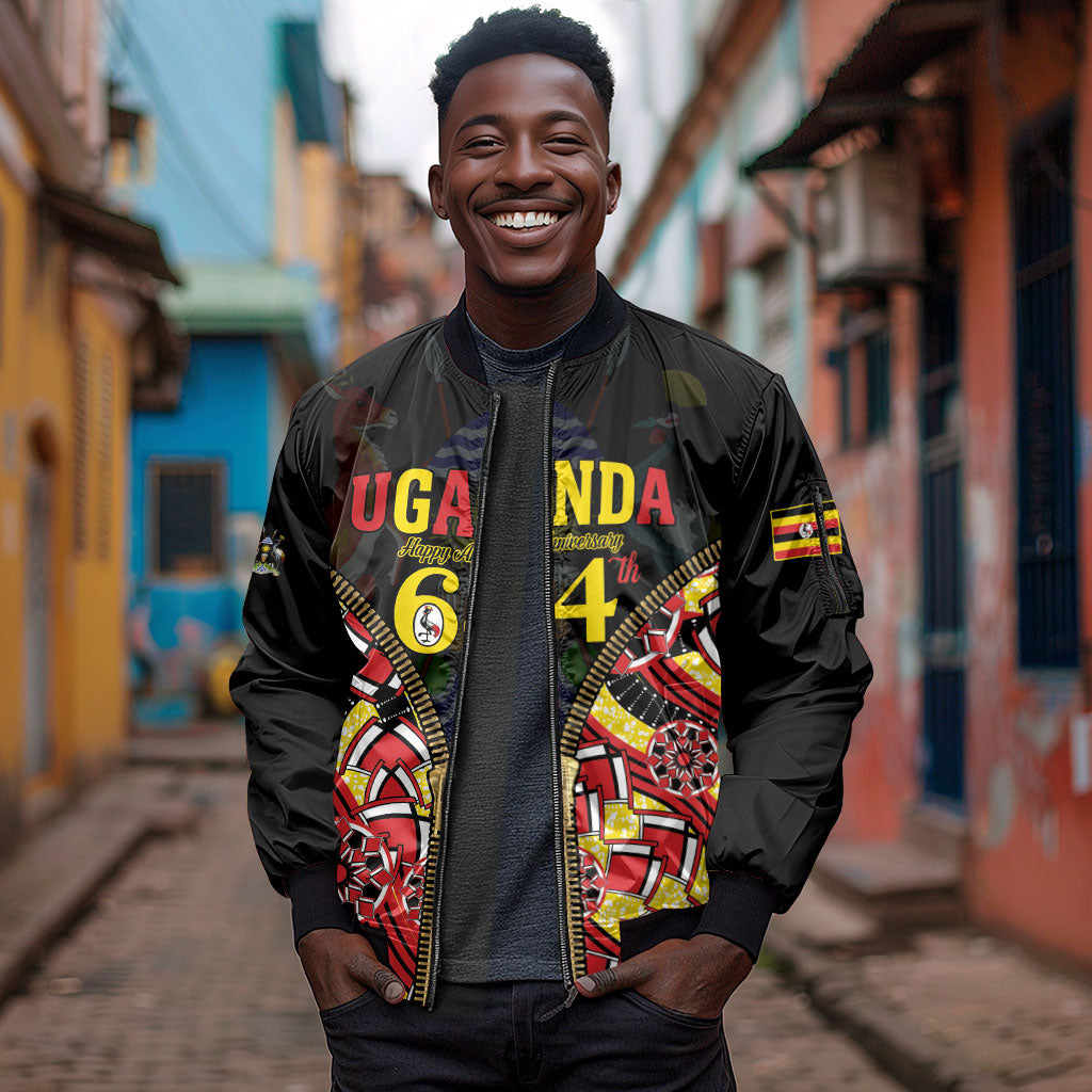 Personalised Uganda 64th Anniversary Sleeve Zip Bomber Jacket Happy Independence Day