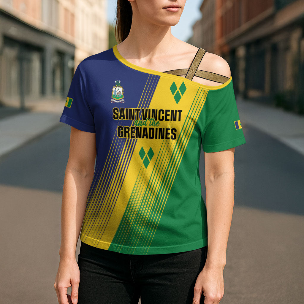 Personalised Saint Vincent and the Grenadines Cross Shoulder Shirt Coat of Arms Flag Stylized