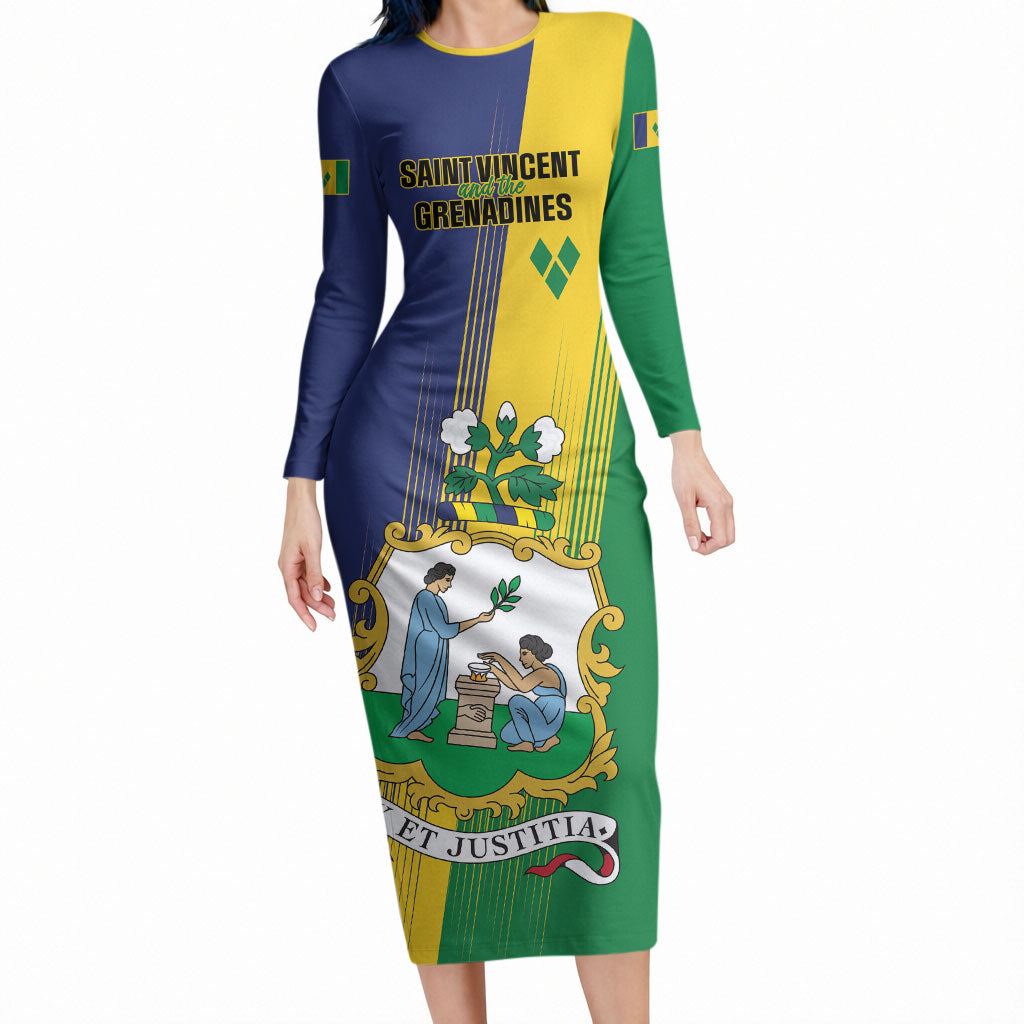 Personalised Saint Vincent and the Grenadines Long Sleeve Bodycon Dress Coat of Arms Flag Stylized