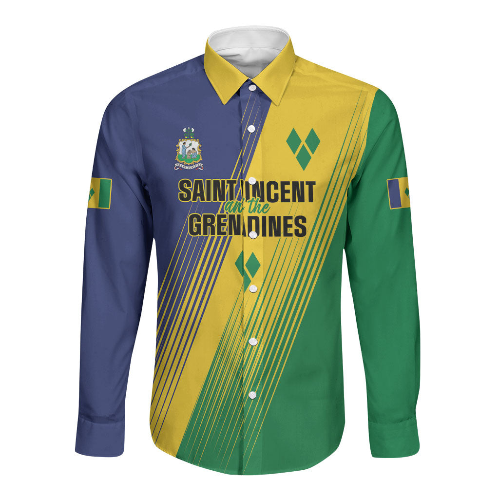 Personalised Saint Vincent and the Grenadines Long Sleeve Button Shirt Coat of Arms Flag Stylized