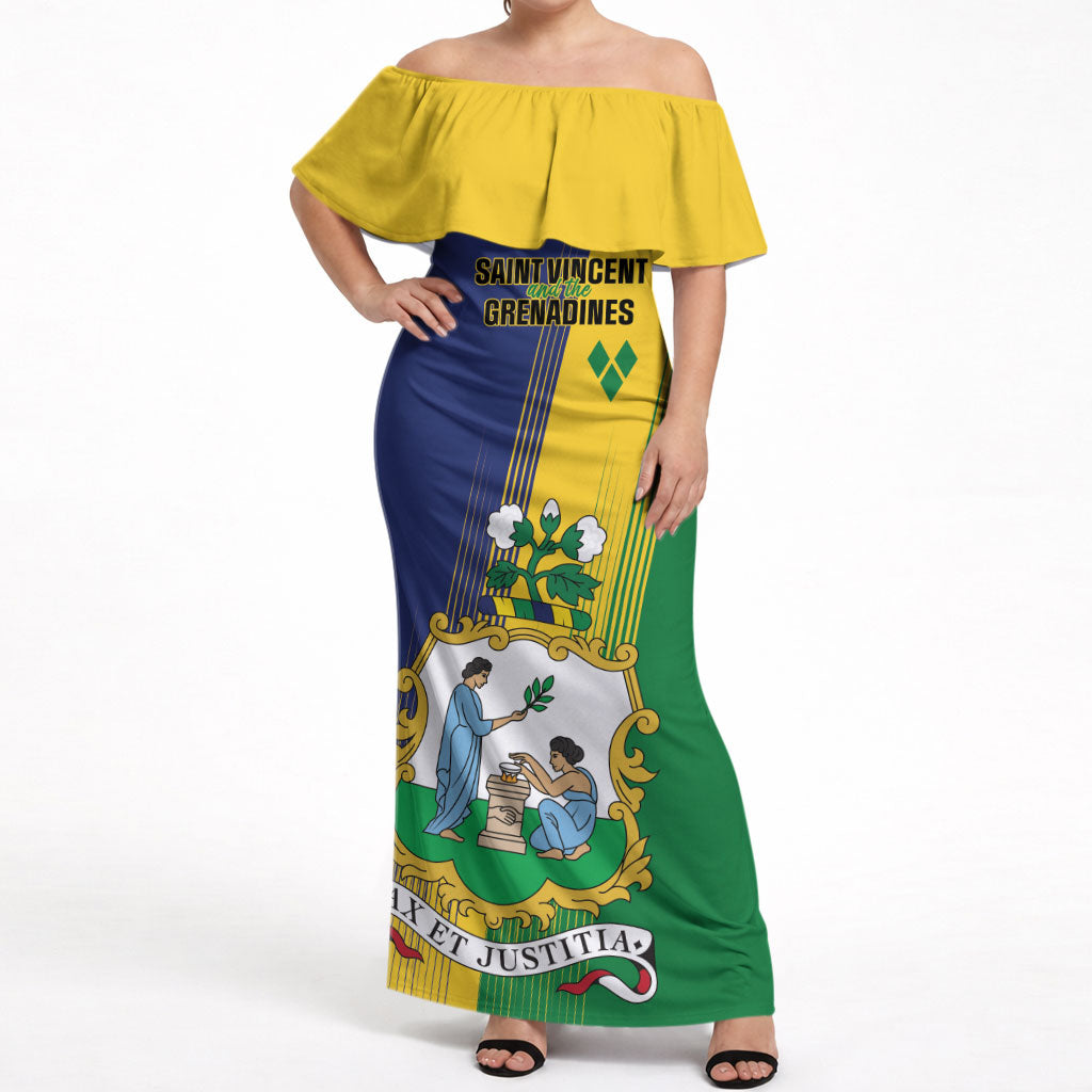 Personalised Saint Vincent and the Grenadines Off Shoulder Maxi Dress Coat of Arms Flag Stylized