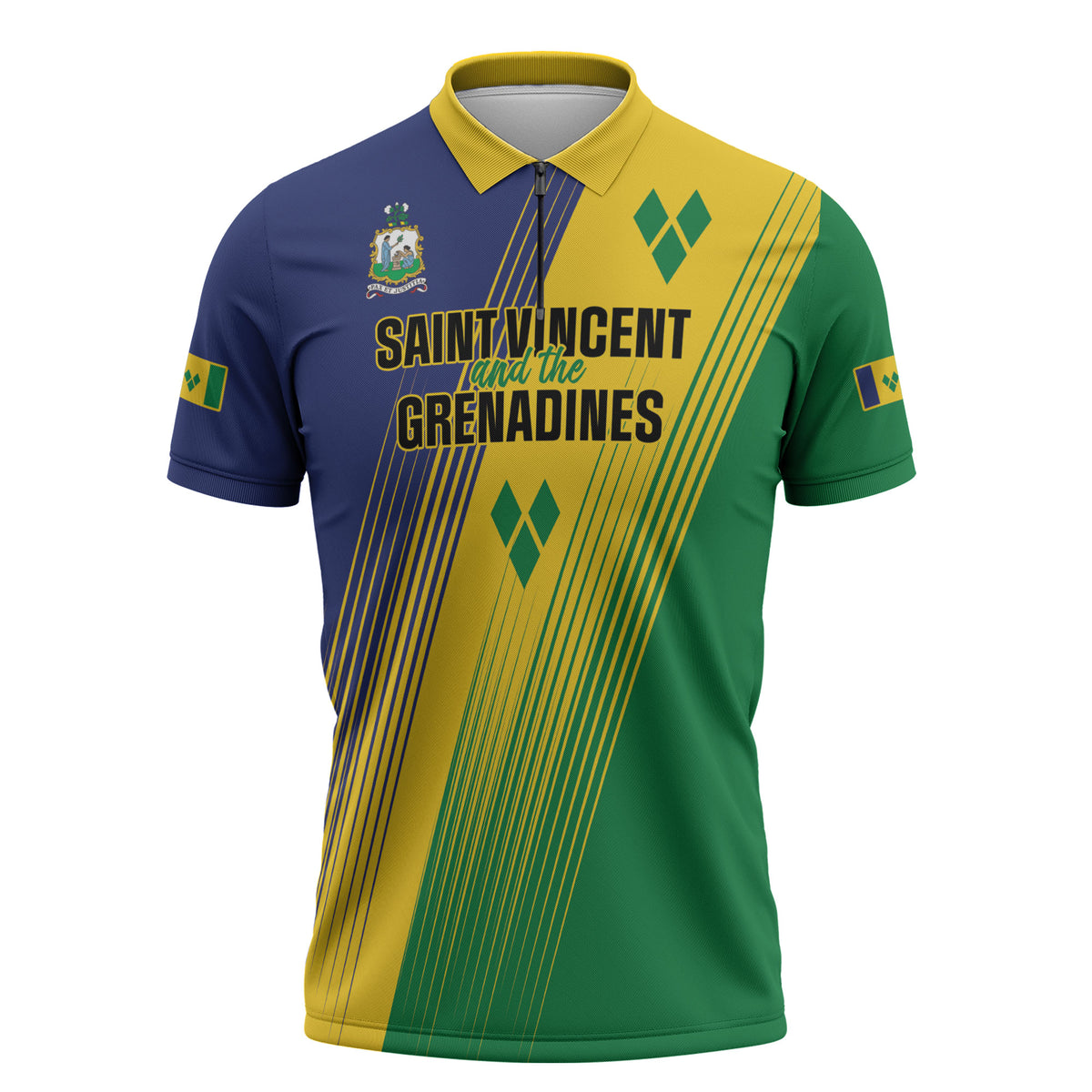 Personalised Saint Vincent and the Grenadines Zipper Polo Shirt Coat of Arms Flag Stylized
