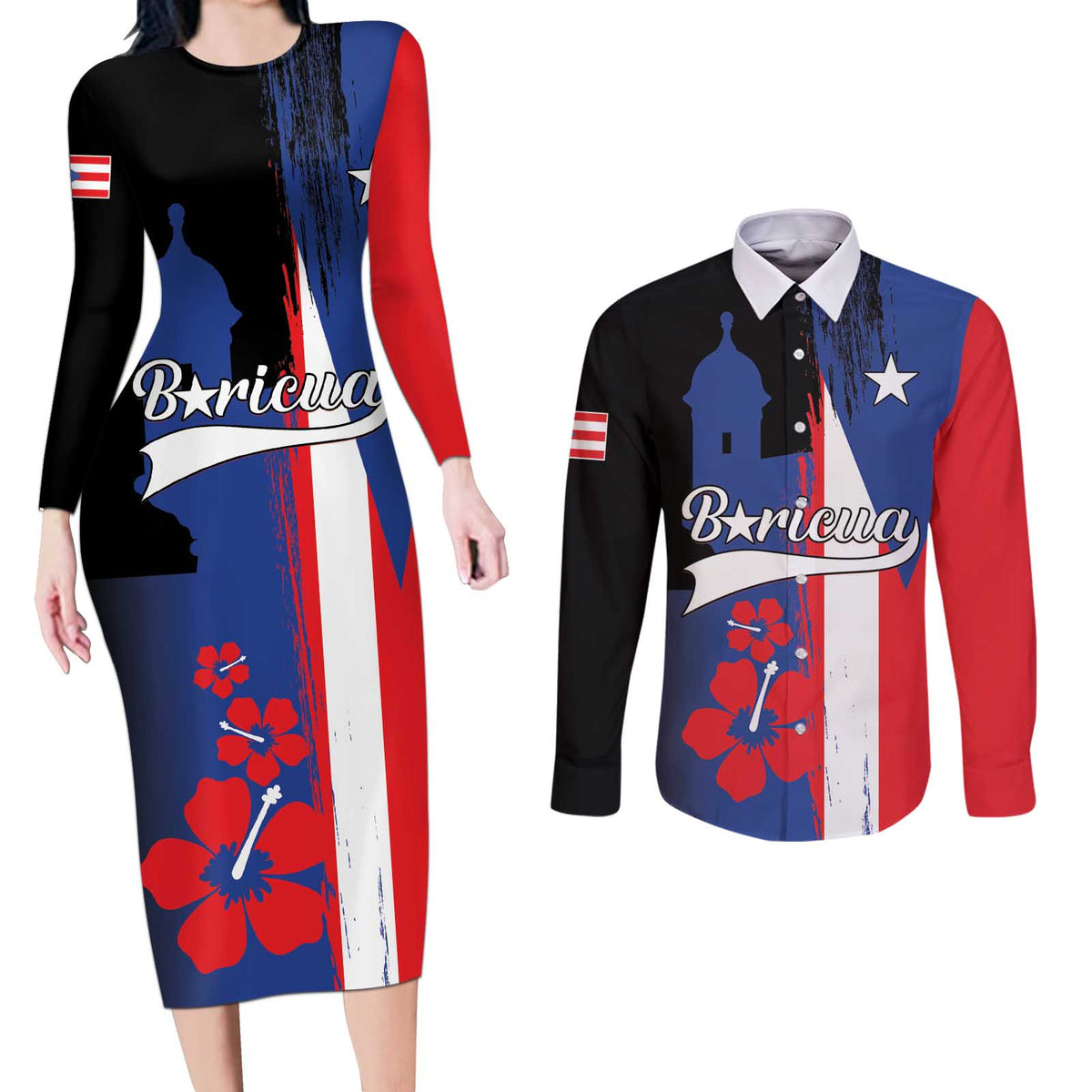 Personalized Boricua Couples Matching Long Sleeve Bodycon Dress and Long Sleeve Button Shirt Puerto Rico El Morro Flag Style - Wonder Print Shop