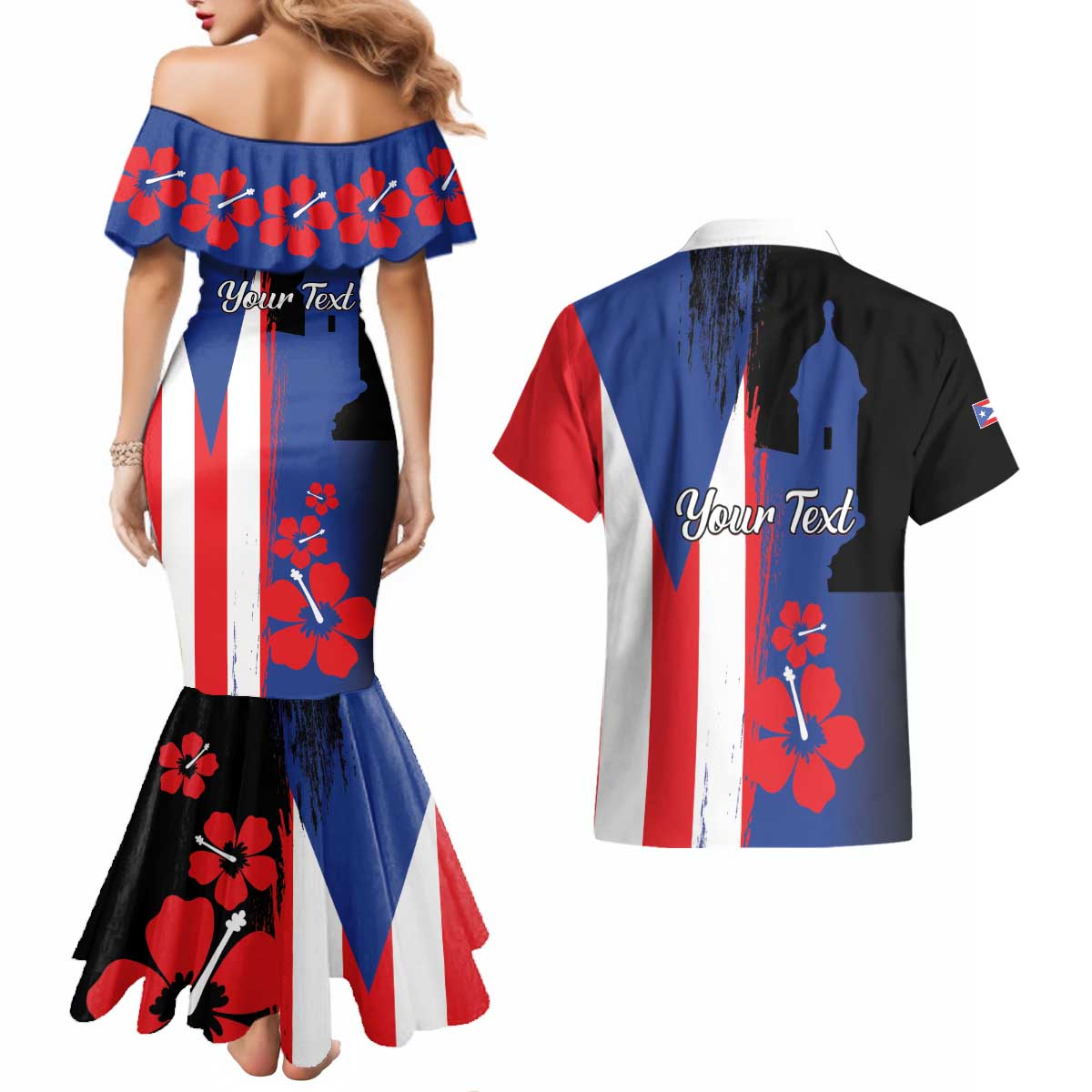 Personalized Boricua Couples Matching Mermaid Dress and Hawaiian Shirt Puerto Rico El Morro Flag Style - Wonder Print Shop