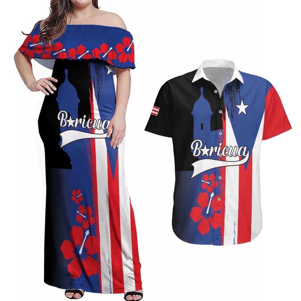 Personalized Boricua Couples Matching Off Shoulder Maxi Dress and Hawaiian Shirt Puerto Rico El Morro Flag Style - Wonder Print Shop
