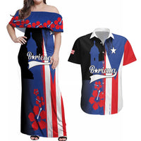 Personalized Boricua Couples Matching Off Shoulder Maxi Dress and Hawaiian Shirt Puerto Rico El Morro Flag Style - Wonder Print Shop