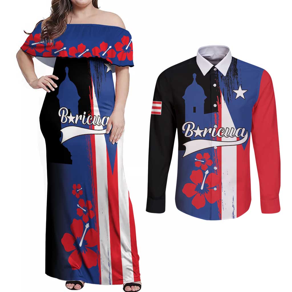 Personalized Boricua Couples Matching Off Shoulder Maxi Dress and Long Sleeve Button Shirt Puerto Rico El Morro Flag Style - Wonder Print Shop