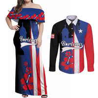 Personalized Boricua Couples Matching Off Shoulder Maxi Dress and Long Sleeve Button Shirt Puerto Rico El Morro Flag Style - Wonder Print Shop