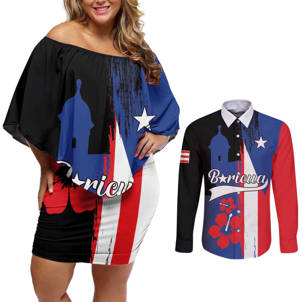 Personalized Boricua Couples Matching Off Shoulder Short Dress and Long Sleeve Button Shirt Puerto Rico El Morro Flag Style - Wonder Print Shop