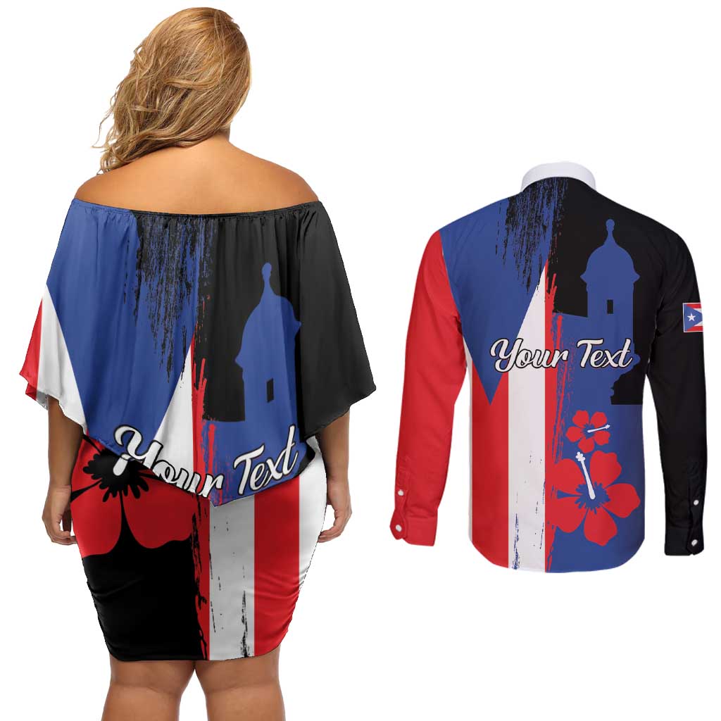 Personalized Boricua Couples Matching Off Shoulder Short Dress and Long Sleeve Button Shirt Puerto Rico El Morro Flag Style - Wonder Print Shop