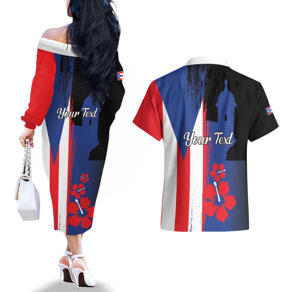 Personalized Boricua Couples Matching Off The Shoulder Long Sleeve Dress and Hawaiian Shirt Puerto Rico El Morro Flag Style - Wonder Print Shop