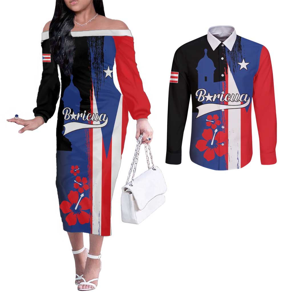 Personalized Boricua Couples Matching Off The Shoulder Long Sleeve Dress and Long Sleeve Button Shirt Puerto Rico El Morro Flag Style