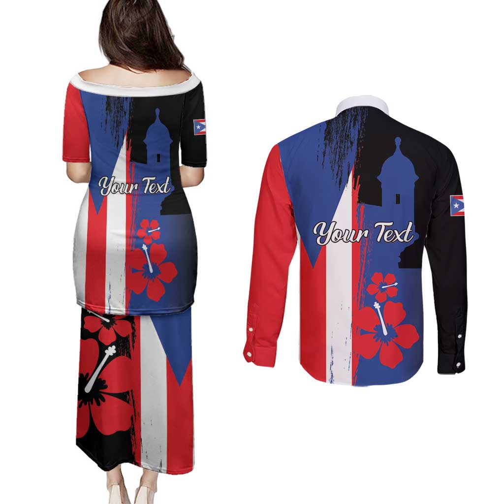 Personalized Boricua Couples Matching Puletasi and Long Sleeve Button Shirt Puerto Rico El Morro Flag Style - Wonder Print Shop