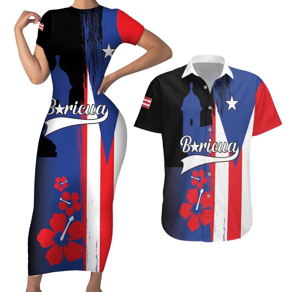 Personalized Boricua Couples Matching Short Sleeve Bodycon Dress and Hawaiian Shirt Puerto Rico El Morro Flag Style - Wonder Print Shop