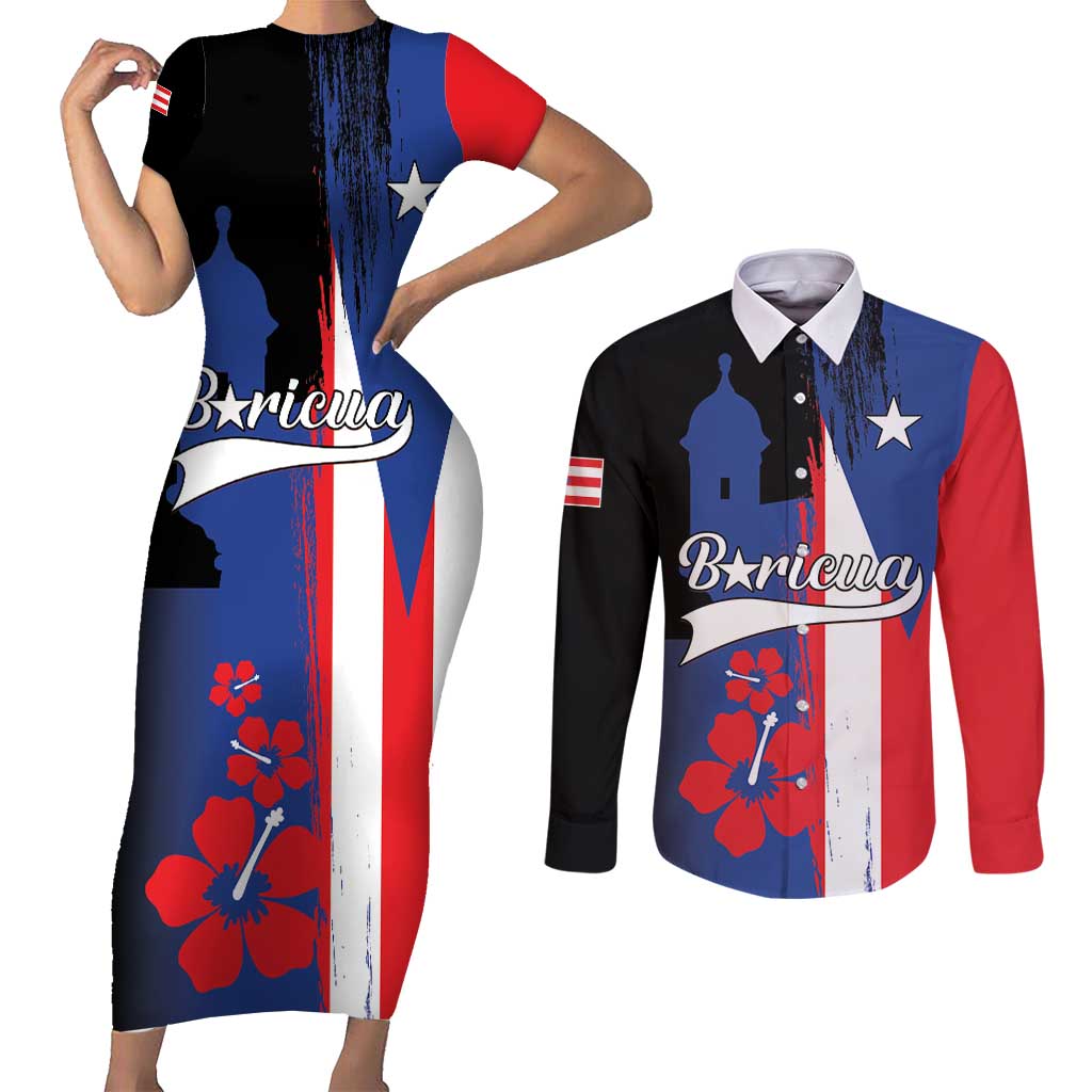Personalized Boricua Couples Matching Short Sleeve Bodycon Dress and Long Sleeve Button Shirt Puerto Rico El Morro Flag Style - Wonder Print Shop