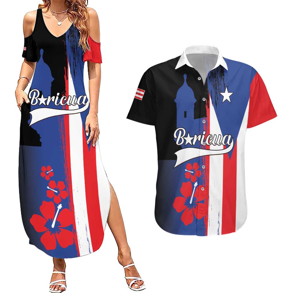 Personalized Boricua Couples Matching Summer Maxi Dress and Hawaiian Shirt Puerto Rico El Morro Flag Style - Wonder Print Shop